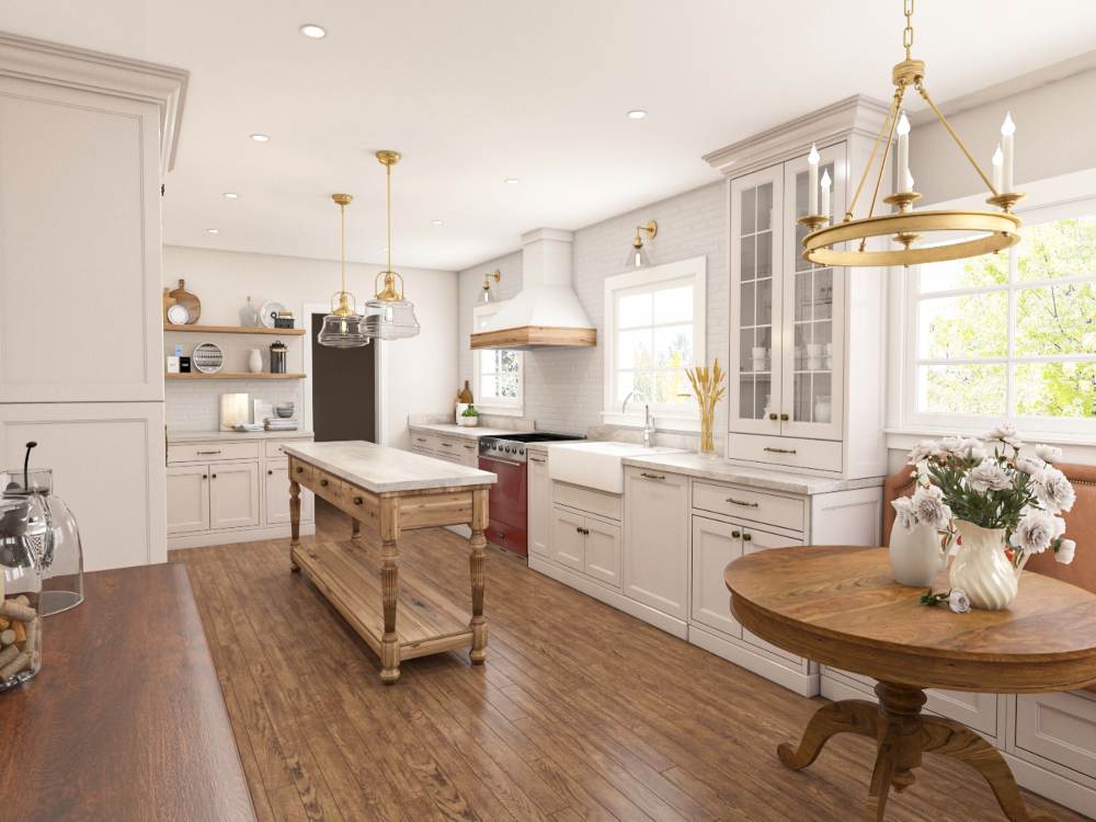 Bright modern kitchen with farmhouse sink, wood island, and pendant lighting